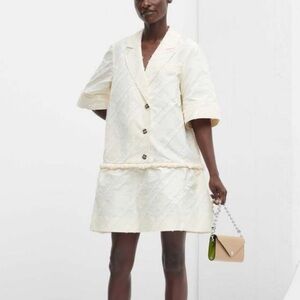 Ganni- NWT Stripe Taffeta Ivory Egret Button Down Mini Dress with Ruffle Hem